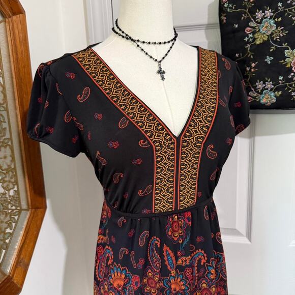Apt 9 Black & Orange Multicolor Floral Boho Paisley V Neck Top w Waist Ties S - Picture 2 of 7
